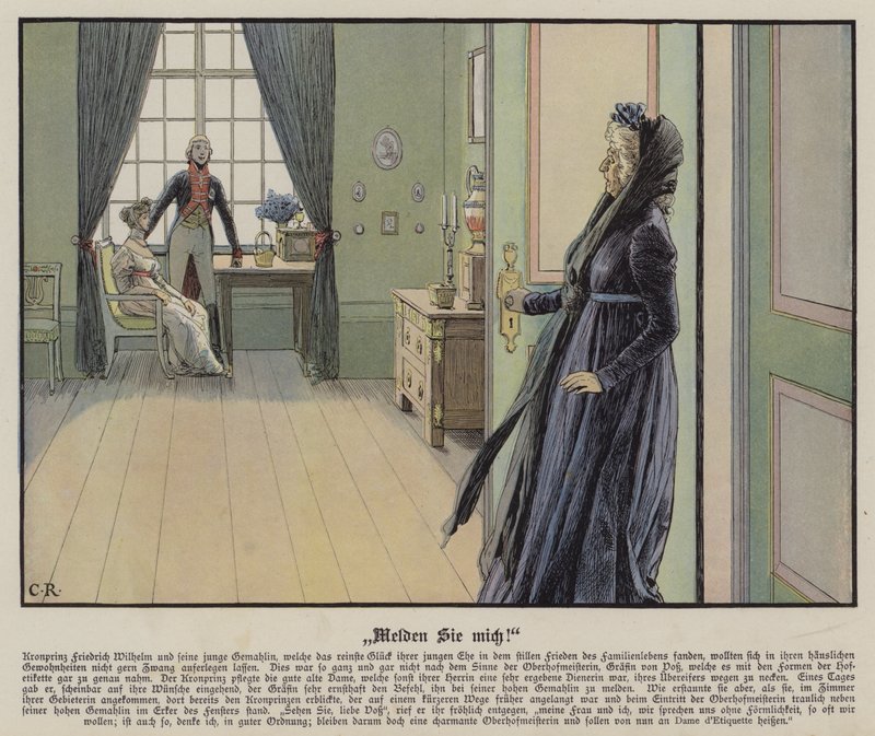 O Príncipe herdeiro Frederick da Prússia e sua jovem esposa Princesa Luísa reencontram informalmente os desejos da Condessa de Voss (cor litho) de Carl Röchling