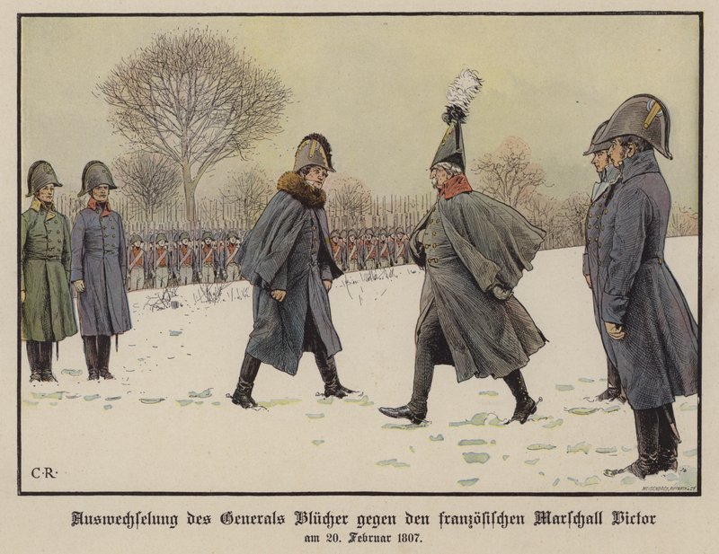 Troca de Marechais de Campo Prussianos e Franceses Capturados Gebhard Blucher e Claude Victor-Perrin, 20 de Fevereiro de 1807 (cor litho) de Carl Röchling