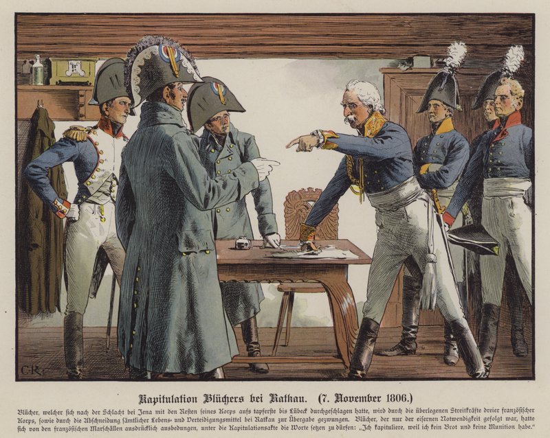 Marechal Blucher rende-se aos franceses em Katekau, 7 de Novembro de 1806 (cor litho) de Carl Röchling