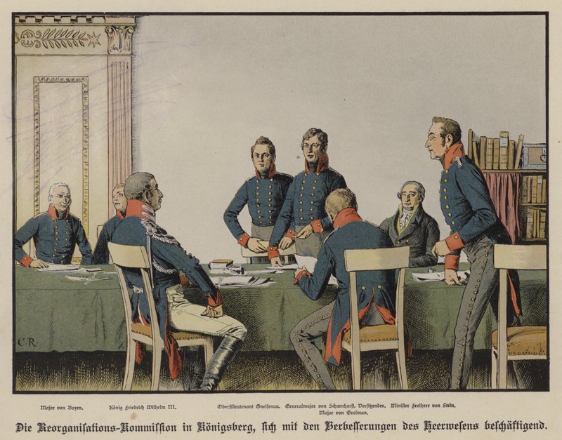 O Rei Frederick William III assiste a uma reunião da Comissão de Reorganização Militar Prussiana em Konigsberg (cor litho) de Carl Röchling