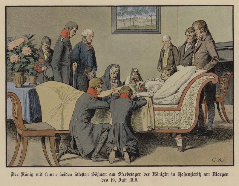 O Rei Frederick William III da Prússia e seus dois filhos mais velhos ao lado do leito de morte da Rainha Luísa na manhã de 19 de julho de 1810 (cor litho) de Carl Röchling