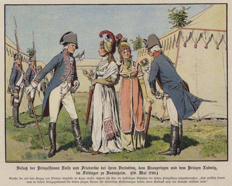 As princesas Louise e Frederica de Mecklenburg-Strelitz visitam seus noivos, o príncipe herdeiro Frederick William da Prússia e o príncipe Ludwig de Hannover no acampamento militar de Bodenheim, 20 de maio de 1793 (cor litho) de Carl Röchling