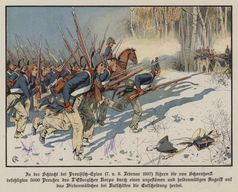 Infantaria prussiana atacando na Batalha de Eylau, 7-8 de Fevereiro de 1807 (cor litho) de Carl Röchling