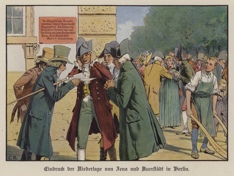 O efeito da notícia da derrota da Prússia na Batalha de Jena-Auerstadt nas ruas de Berlim (cor litho) de Carl Röchling