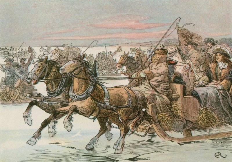 Frederico Guilherme, o Grande Eleitor (1620-1688), atravessando a Lagoa da Curlândia por trenó em uma expedição contra os suecos em 1678 de Carl Rohling