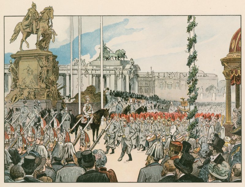 Guilherme II, imperador alemão e rei da Prússia (1859-1941), na dedicação do monumento nacional em Berlim em 1897 de Carl Rohling