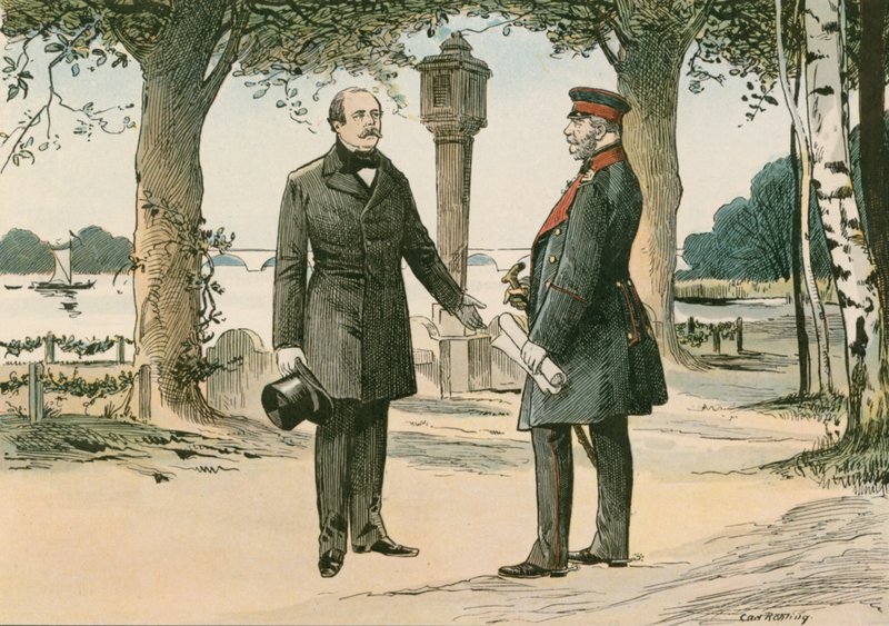 Guilherme I, rei da Prússia e primeiro imperador alemão (1797-1888), e Otto von Bismarck, estadista alemão (1815-1898), em Babelsberg, em 1862 de Carl Rohling