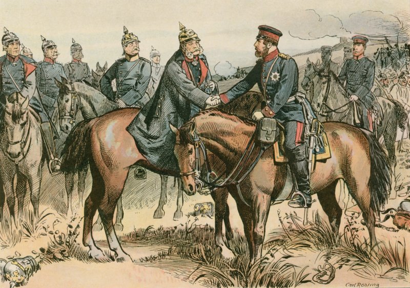 Guilherme I, rei da Prússia e primeiro imperador alemão (1797-1888) cumprimentando seu filho em Sadowa em 1866 de Carl Rohling