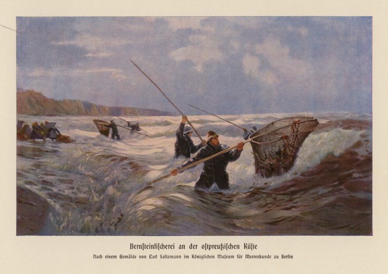 Recolha de âmbar no Mar Báltico, Prússia Oriental (litografia a cores) de Carl Saltzmann