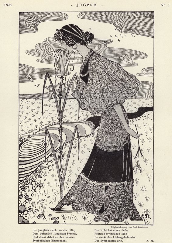 Mulher a cheirar uma flor (litho) de Carl Strathmann