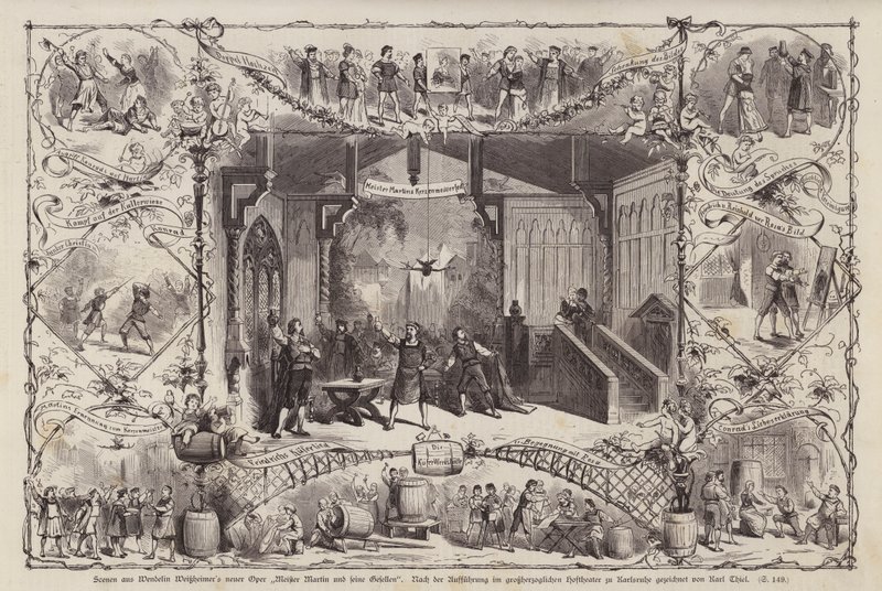 Cenas da ópera do compositor alemão Wendelin Weissheimer Meister Martin und Seine Gesellen (Mestre Martin e seus companheiros), interpretada no Grossherzoglichen Hoftheater, Karlsruhe, Alemanha (gravura) de Carl Thiel
