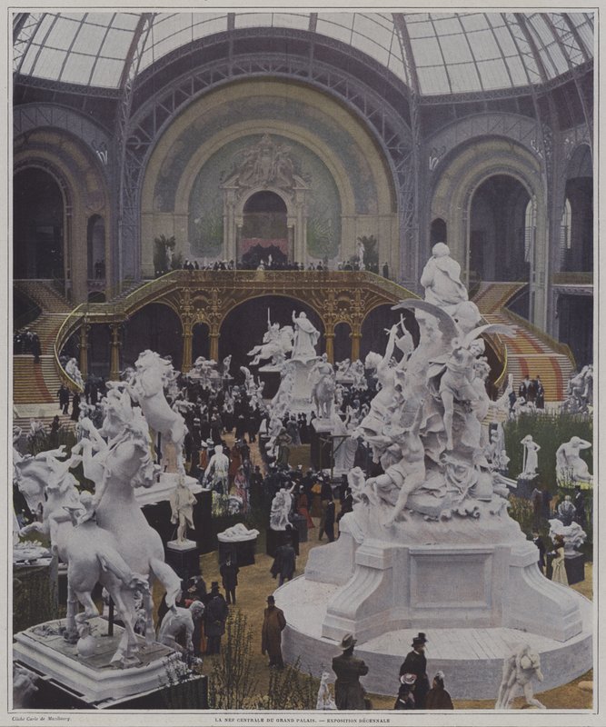 Nave central do Grand Palais na Exposição Universelle 1900, Paris (foto a cores) de Carle de Mazibourg