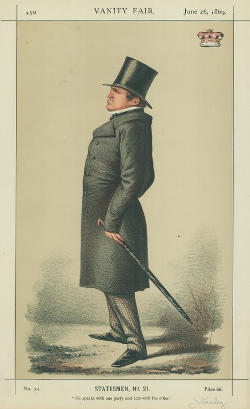 Lord Stanley, Ele fala com uma das partes e age com a outra, 26 de junho de 1869, desenho animado da Vanity Fair de Carlo Pellegrini