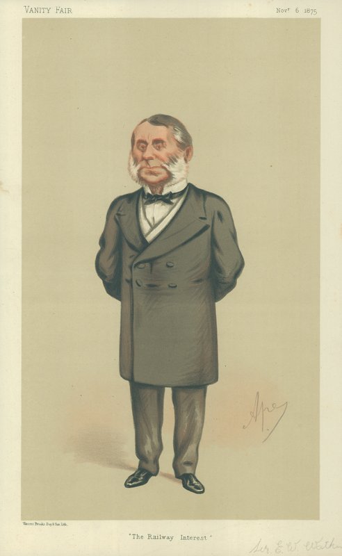 Sir Edward William Watkin, O Interesse Ferroviário, 6 de novembro de 1875, desenho animado da Vanity Fair de Carlo Pellegrini