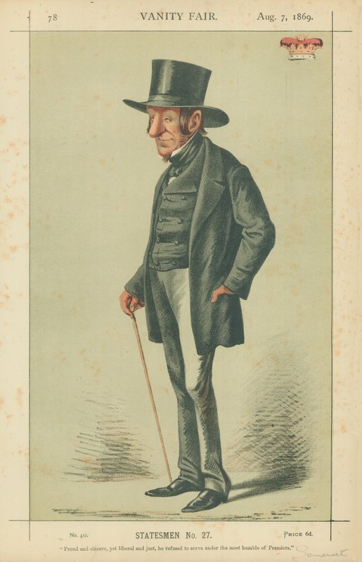 O Duque de Somerset, Orgulhoso e sincero, mas liberal e apenas ele se recusou a servir sob este mais humilde dos Premiers, 7 de agosto de 1869, cartoon Vanity Fair de Carlo Pellegrini
