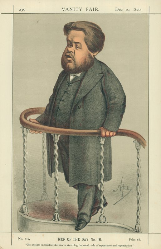 O reverendo Charles Spurgeon, Noone conseguiu como ele esboçar o lado cômico do arrependimento e regeneração, 17 de julho de 1880, desenho animado da Vanity Fair. de Carlo Pellegrini
