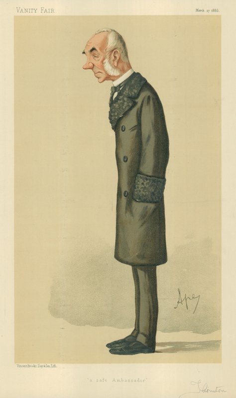 O honesto senhor Edward Thornton, um embaixador seguro, 27 de março de 1886, cartoon Vanity Fair de Carlo Pellegrini