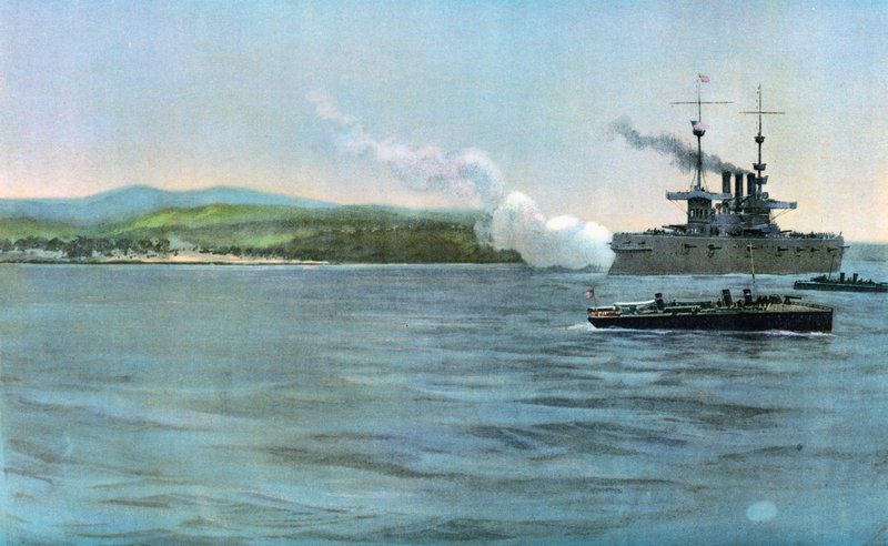 Navio-bandeira do almirante Sampson, o cruzador blindado dos Estados Unidos em Nova York, atirando em uma guarda costeira da cavalaria espanhola, perto de Cabanas, em 29 de abril de 1898 de Carlton Theodore Chapman