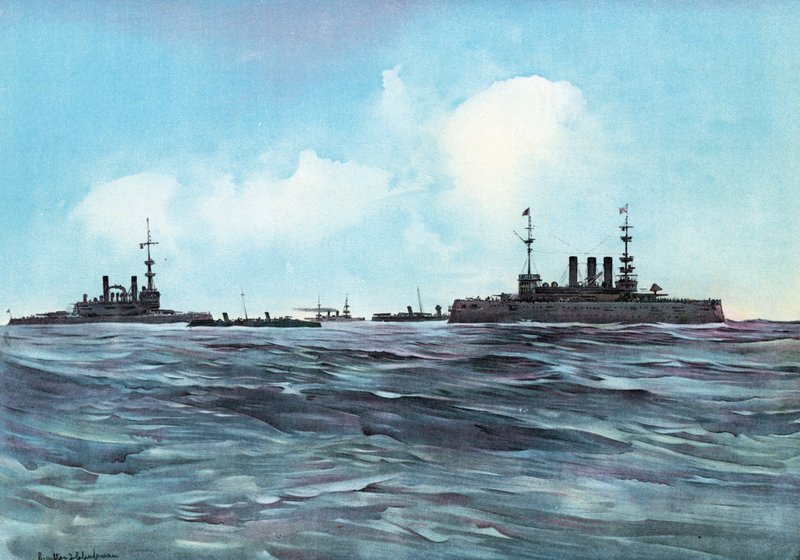 O Indiana e Nova York flanqueados e guardados por torpedeiros e cruzadores de Carlton Theodore Chapman