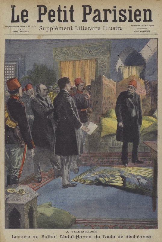 Leitura do ato de deposição ao Sultão Abdul Hamid II no Palácio de Yildiz, Constantinopla de Carrey