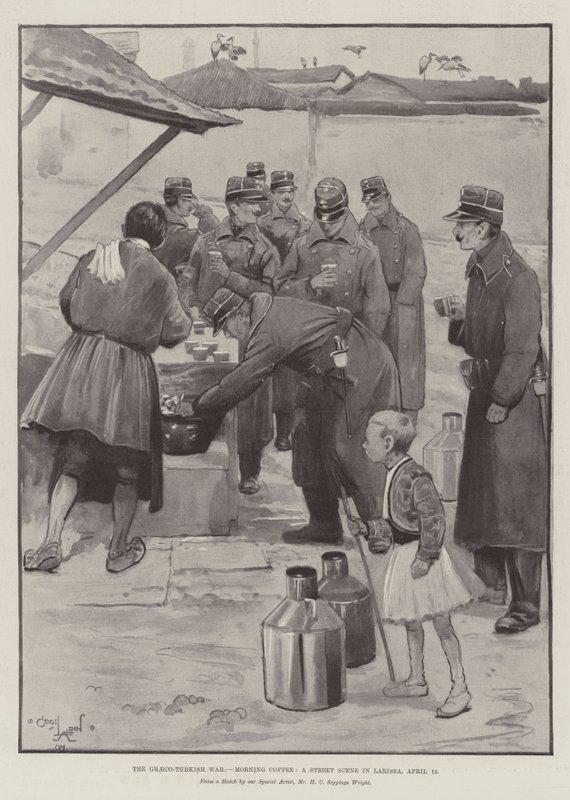 A guerra greco-turca, café da manhã, uma cena de rua em Larissa, 19 de abril de Cecil Charles Windsor Aldin