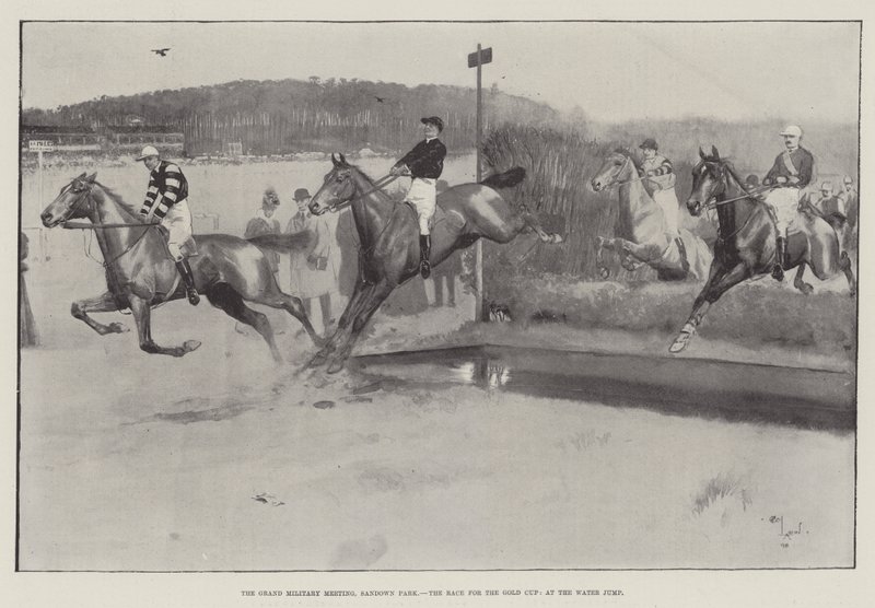 O Grande Encontro Militar, Sandown Park, a Corrida pela Taça de Ouro, no Water Jump de Cecil Charles Windsor Aldin
