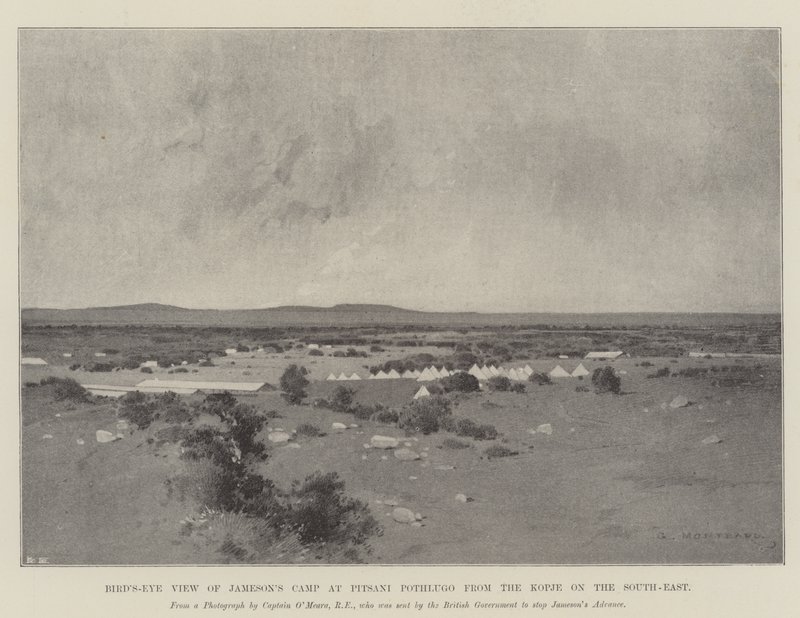 Vista aérea do acampamento de Jameson em Pitsani Pothlugo do Kopje no sudeste de Charles Auguste Loye