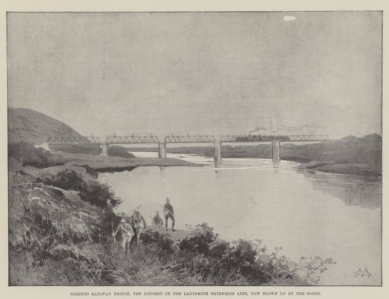 Ponte Ferroviária de Colenso, a mais longa da Linha de Extensão Ladysmith, agora explodida pelos Boers de Charles Auguste Loye