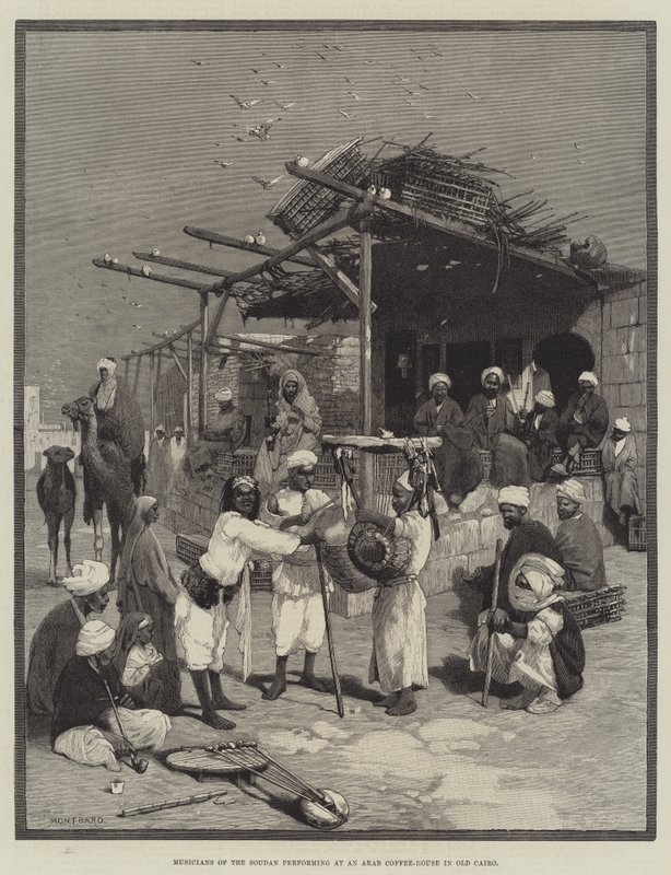 Músicos do Sudão se apresentando em um café árabe no Cairo Antigo de Charles Auguste Loye
