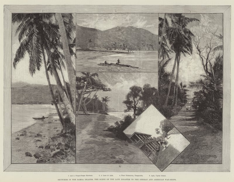 Esboços nas Ilhas Samoa, a cena do desastre tardio para os navios de guerra alemães e americanos de Charles Auguste Loye