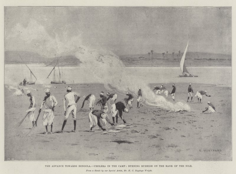 O avanço para Dongola, cólera no acampamento, queimando lixo na margem do Nilo de Charles Auguste Loye