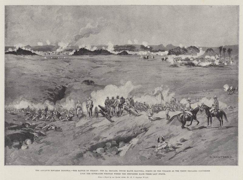 O avanço em direção a Dongola, a Batalha de Ferket, a 3ª Brigada, sob o comando do major Maxwell, disparando contra a vila enquanto as três brigadas convergiam para a posição do lado do rio, onde os dervixes faziam o mesmo. de Charles Auguste Loye