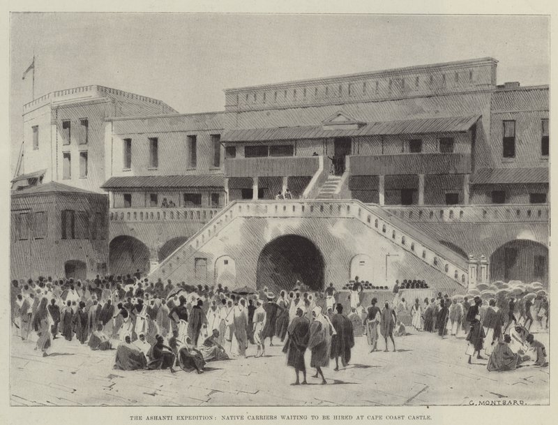 A Expedição Ashanti, Portadores Nativos à espera de serem contratados no Cape Coast Castle de Charles Auguste Loye