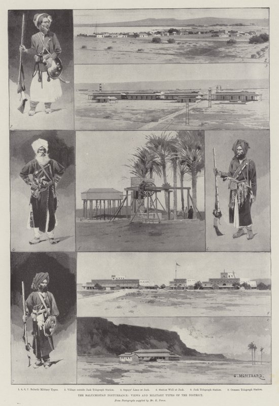 A perturbação do Baluquistão, pontos de vista e tipos militares do distrito de Charles Auguste Loye