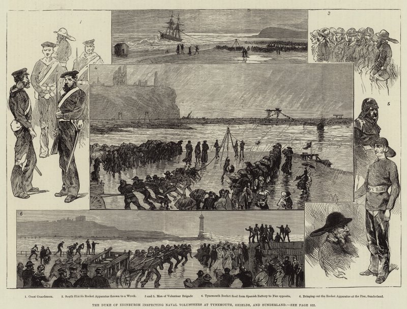O Duque de Edimburgo inspeciona Voluntários Navais em Tynemouth, Shields e Sunderland de Charles Auguste Loye