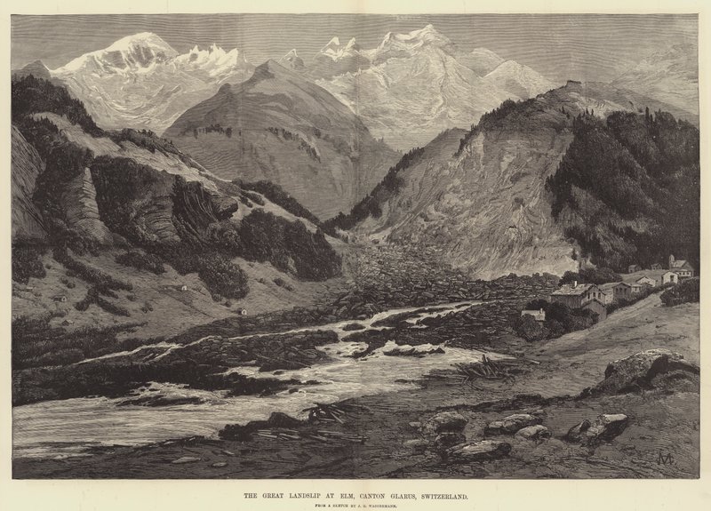 A, grande, desabamento, em, olmo, cantão, glarus, suíça de Charles Auguste Loye