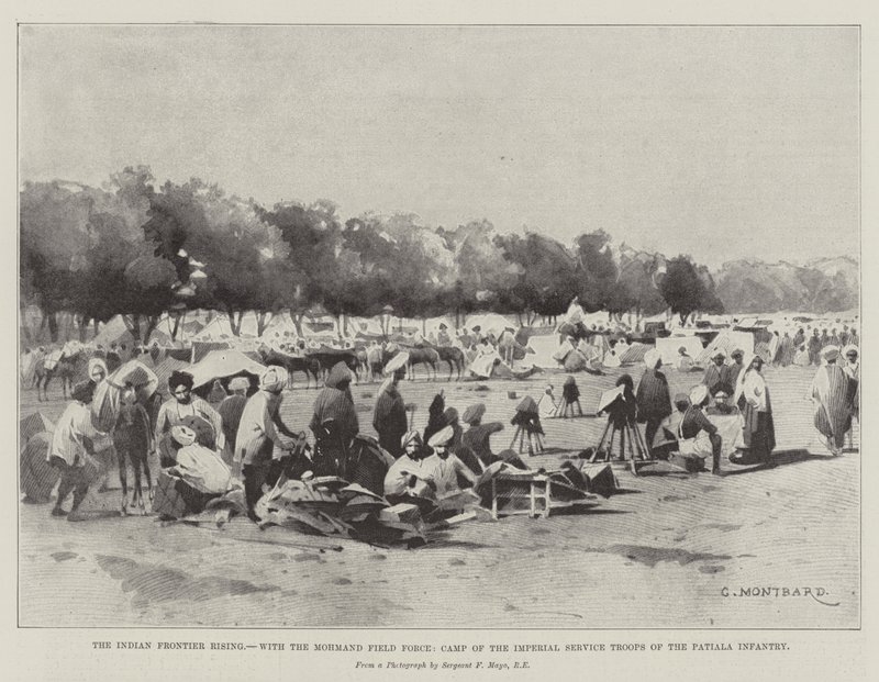 A Ascensão da Fronteira Indiana, com a Força de Campo de Mohmand, Acampamento das Tropas de Serviço Imperiais da Infantaria Patiala de Charles Auguste Loye