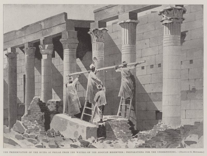 A preservação das ruínas em Philae das águas do reservatório de Assouan, preparações para o sustentáculo de Charles Auguste Loye