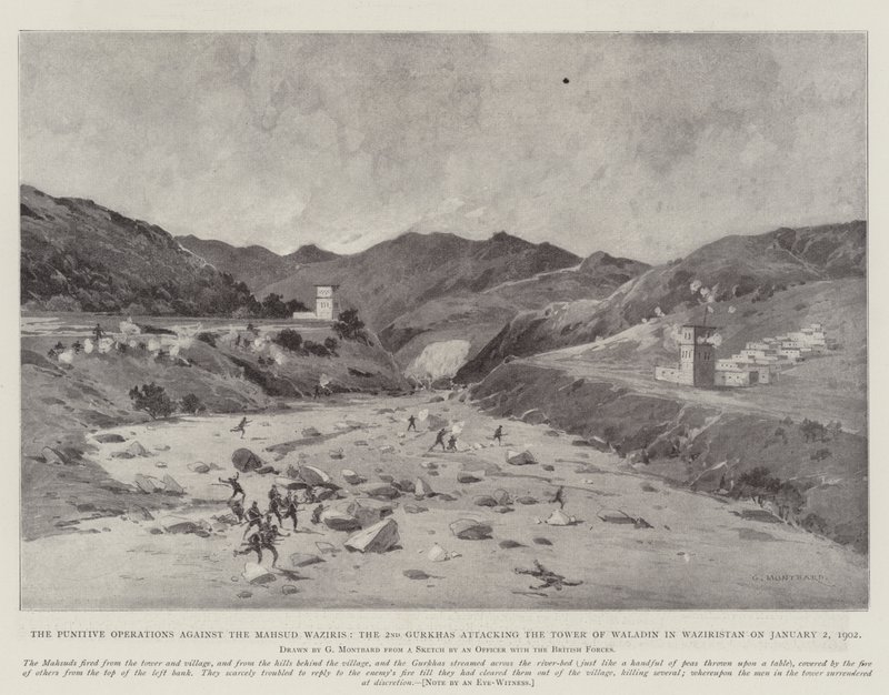 As operações punitivas contra os Mahsud Waziris, o 2º Gurkhas atacando a Torre de Waladin no Waziristão em 2 de janeiro de 1902 de Charles Auguste Loye