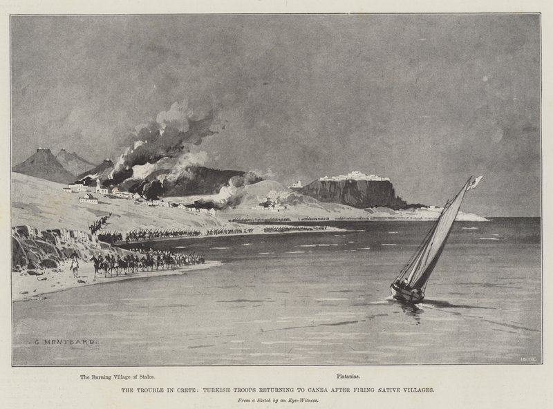 O problema em Creta, tropas turcas retornando a Canea após demitir aldeias indígenas de Charles Auguste Loye