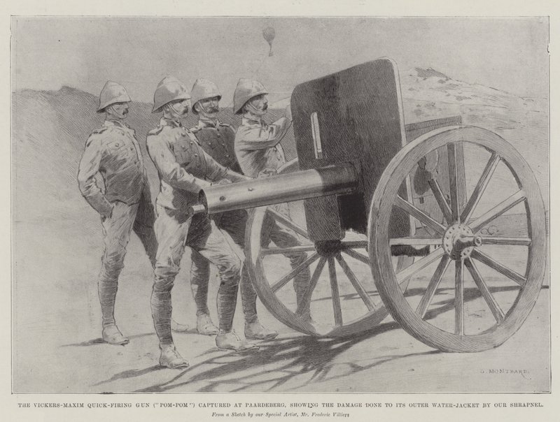 A arma Vickers-Maxim Quick-Firing (Pom-Pom) capturada em Paardeberg, mostrando os danos causados ao seu casaco de água por nosso Shrapnel de Charles Auguste Loye