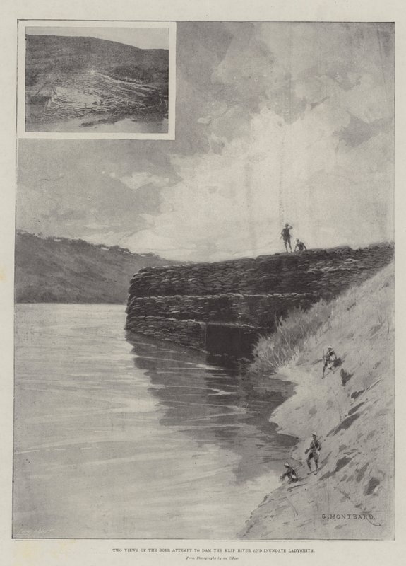Duas vistas do Boer Tentam represar o rio Klip e inundar Ladysmith de Charles Auguste Loye