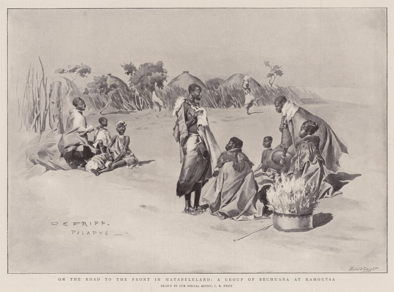Na estrada para a frente em Matabeleland, um grupo de Bechuanas em Ramoutsa de Charles Edmund Brock
