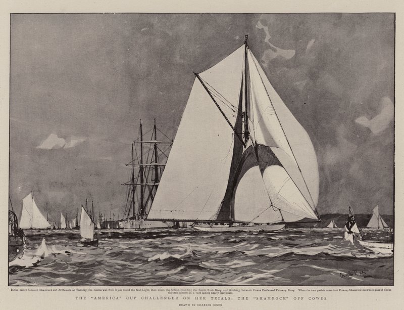 O Desafio da America Cup em seus julgamentos, o Shamrock de Cowes de Charles Edward Dixon