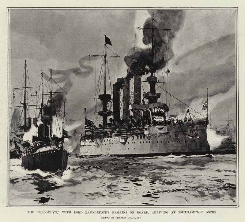 O Brooklyn, com os restos mortais de lorde Pauncefote, chegando às docas de Southampton de Charles Edward Dixon
