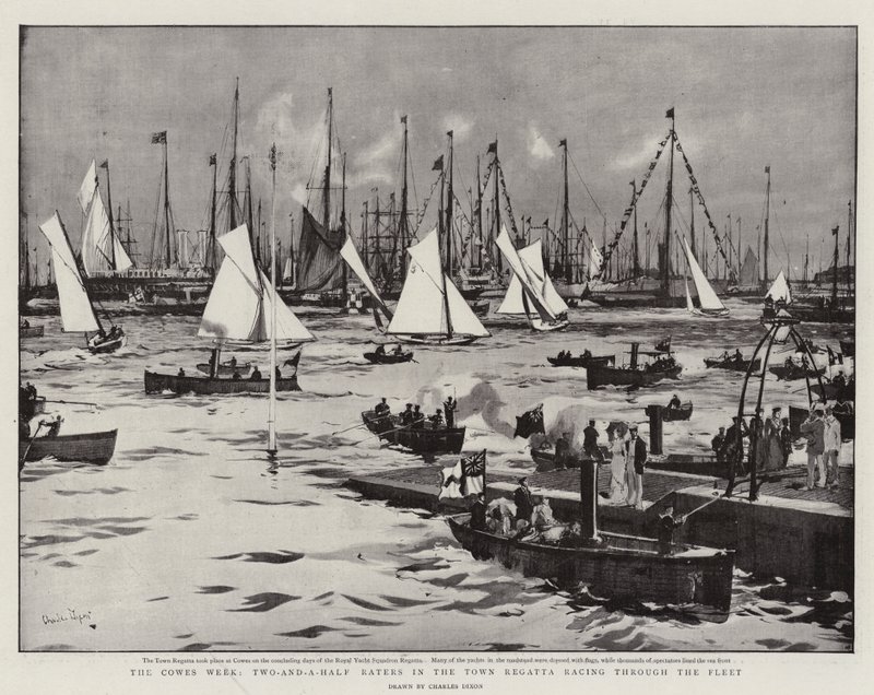 The Cowes Week, dois avaliadores e meio da regata da cidade correndo pela frota de Charles Edward Dixon