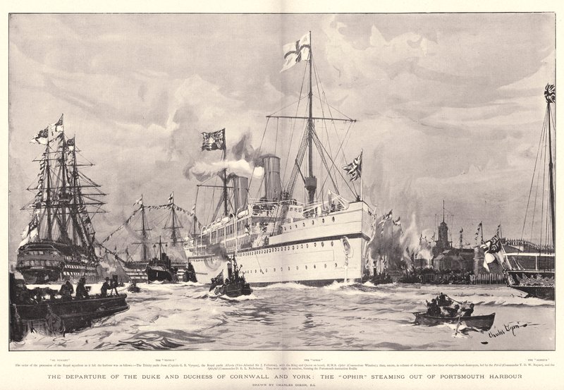 A partida do duque e da duquesa de Cornwall e York, o Ofir saindo do porto de Portsmouth de Charles Edward Dixon