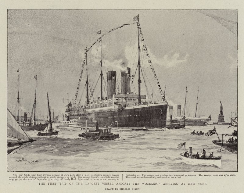 A primeira viagem do maior navio à tona, a Oceanic chegando a Nova York de Charles Edward Dixon