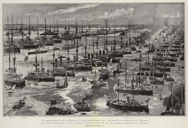 A Grande Exibição Naval de Coroação, Visão Panorâmica da Frota reunida em Spithead de Charles Edward Dixon