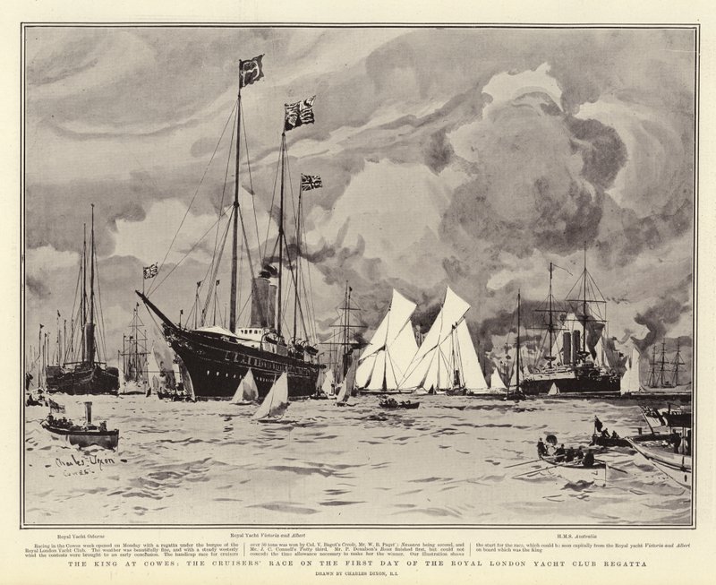 O Rei em Cowes, a Corrida dos Cruzadores no Primeiro Dia da Royal London Yacht Club Regatta de Charles Edward Dixon